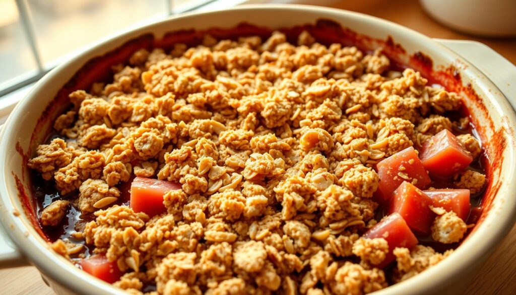 Rhubarb crisp with oatmeal topping